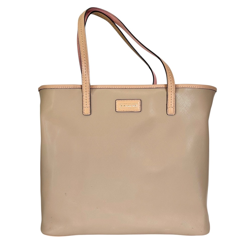 Coach Tote Bag Park Metro F24341 Beige Leather Pink Trim Shoulder Purse‎